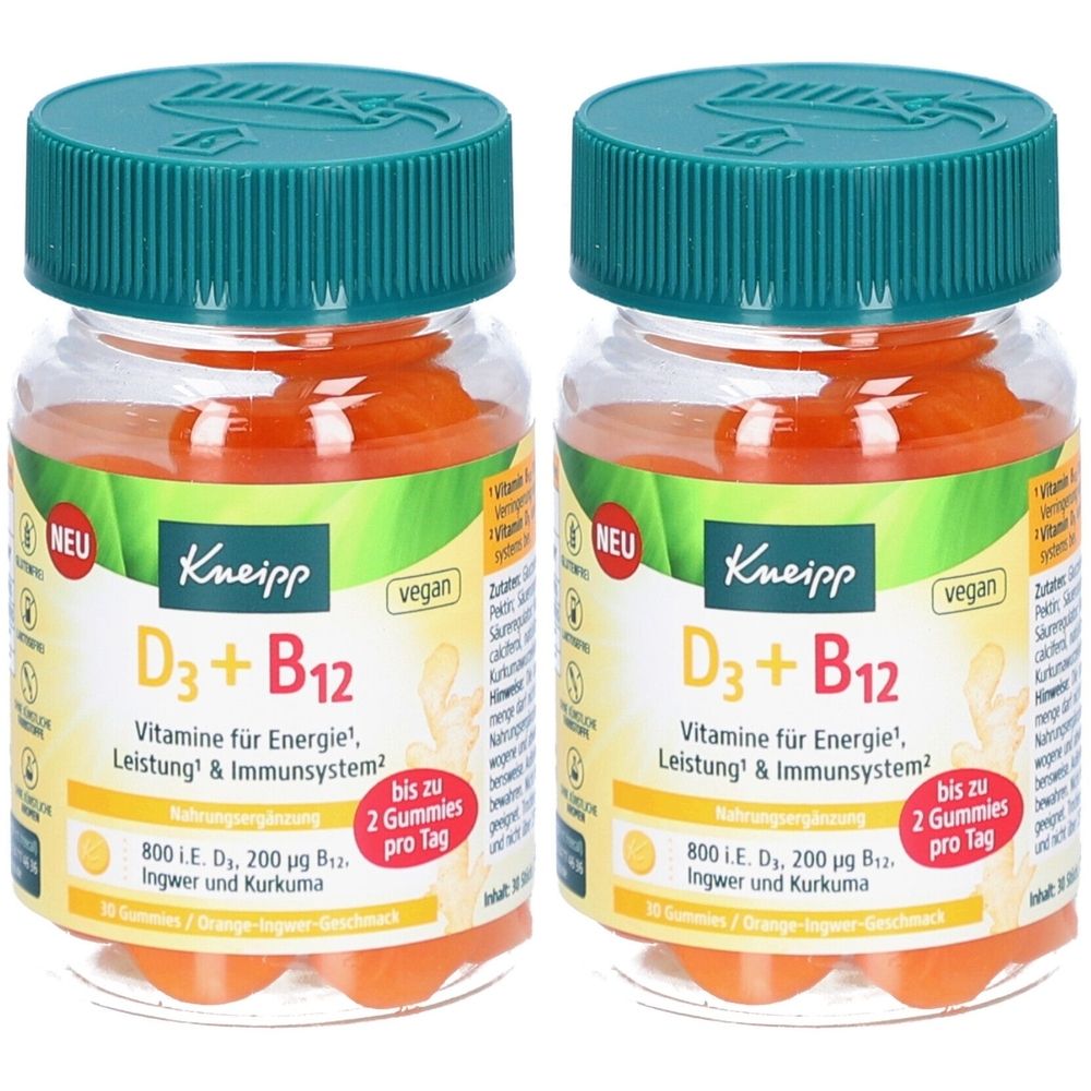 Zwei transparente Kunststoffbehälter mit grünen Deckeln. Etiketten mit Kneipp D3 + B12, vegan, und weiteren Informationen. Orangefarbene Gummies sichtbar.