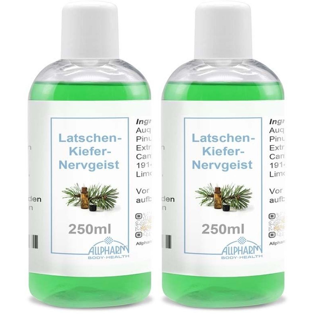 Zwei Flaschen mit grüner Flüssigkeit. Auf den Etiketten steht "Latschenkiefer-Nervgeist" und "250ml". Das Logo von Allpharm ist sichtbar.