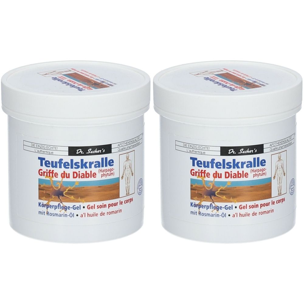 Zwei weiße Tiegel mit Deckel. Aufschrift: Teufelskralle, Griffe du Diable. Text: Körperpflege-Gel, Gel soin pour le corps. Mit Rosmarin-Öl.