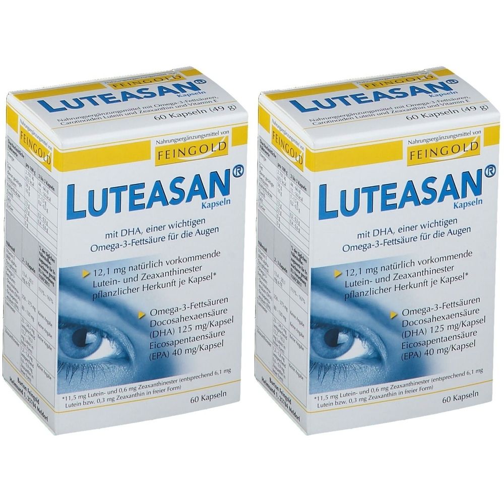 Zwei Schachteln Luteasan® Kapseln. Weiße Verpackung mit blauem und gelbem Schriftzug. Enthält Informationen zu Inhaltsstoffen und Menge.