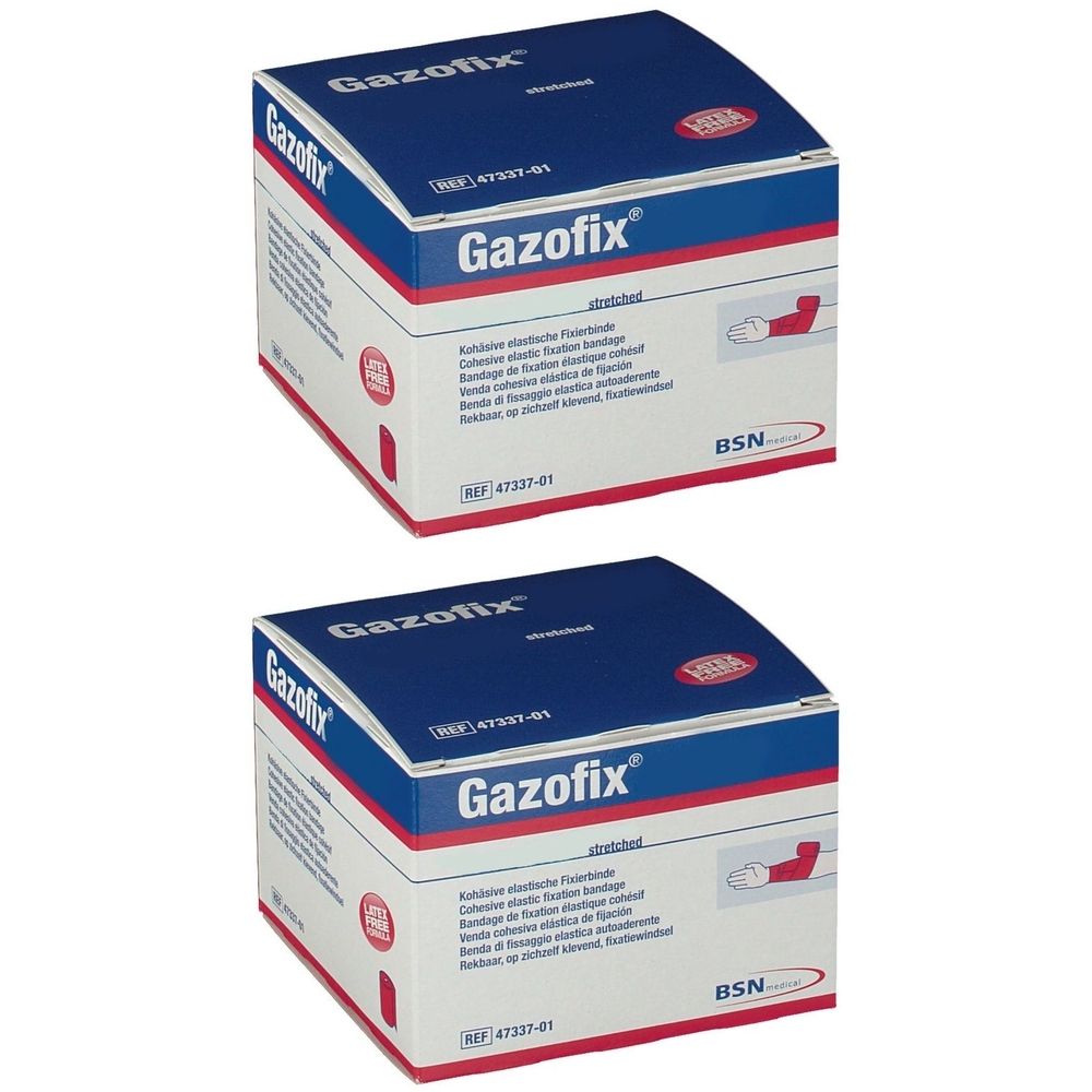 Zwei quadratische Kartons mit der Aufschrift "Gazofix®". Blaue Deckel, weiße Seiten mit Produktinformationen und Logo. BSN-Logo.