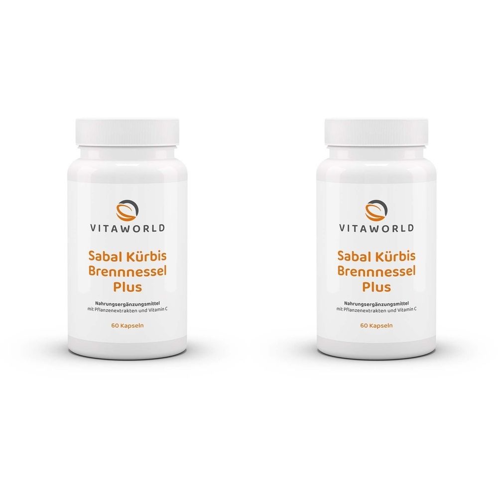Zwei weiße Flaschen mit Schraubverschluss. Auf jeder Flasche steht: Sabal Kürbis Brennnessel Plus. Marke: Vitaworld.