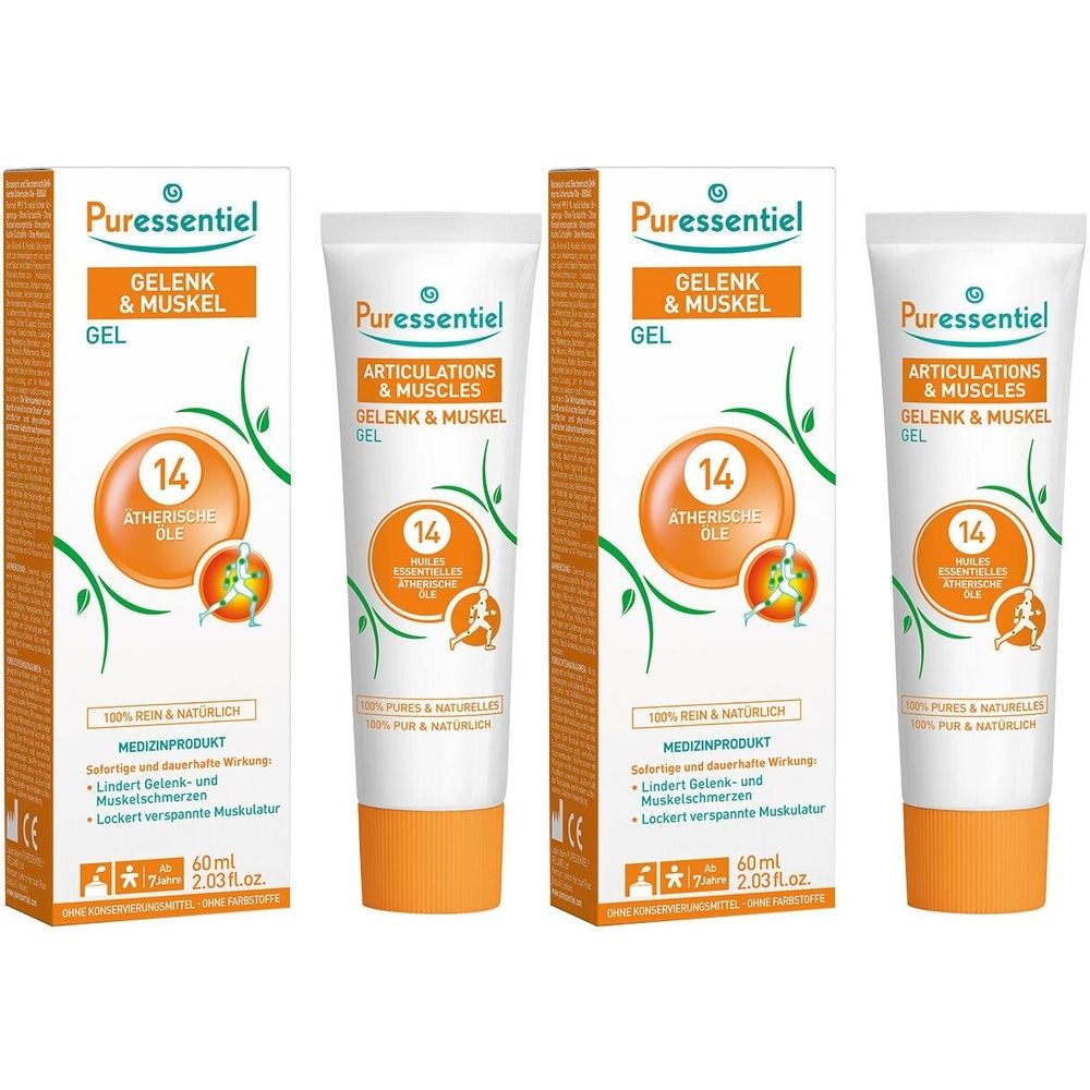 Mehrere Tuben und Schachteln mit Produktaufdruck. Aufdruck: Puressentiel Gelenk & Muskel Gel, 14 ätherische Öle. Orangefarbene Akzente.