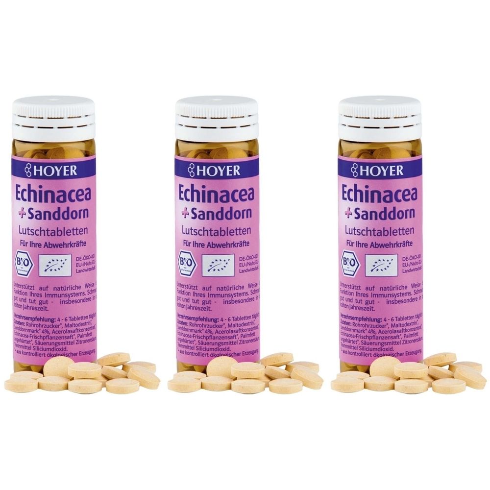 Drei Flaschen mit Tabletten und Tabletten daneben. Aufschrift: Hoyer Echinacea + Sanddorn Lutschtabletten. Bio-Siegel.