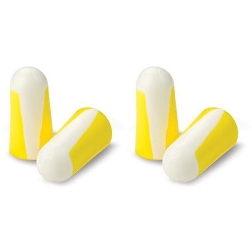 Vier gelbe und weiße Ohrstöpsel. Zylindrische Form mit abgerundeter Spitze. Zwei liegen, zwei stehen.