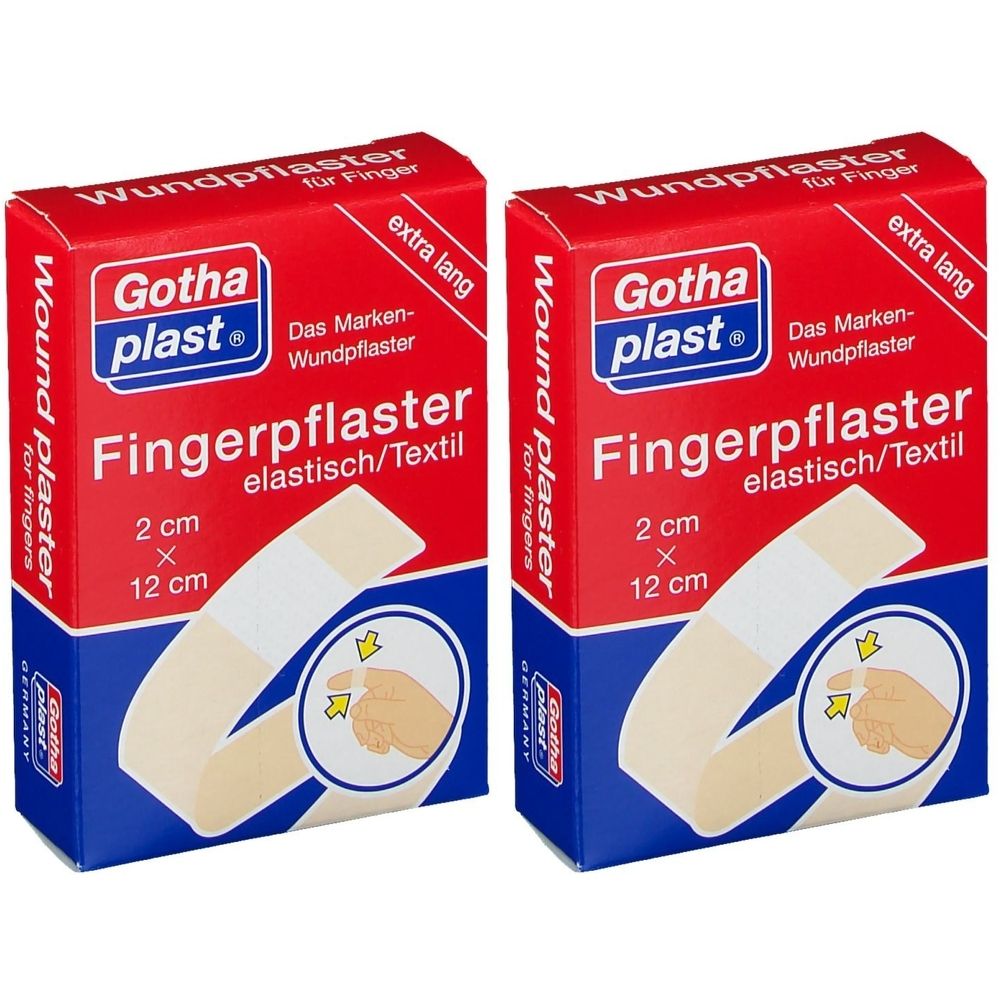 Zwei Packungen Fingerpflaster, rot-weiß. Aufschrift: Gothaplast, Fingerpflaster, 2 cm x 12 cm. Extra lang.