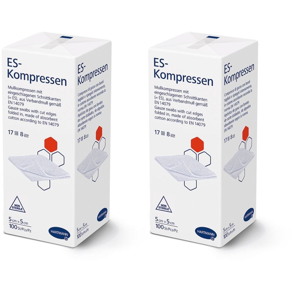 Zwei Kartons mit ES-Kompressen. Aufdruck: Mullkompressen, 5x5 cm, 100 Stück. Marke Hartmann. Unsteril.