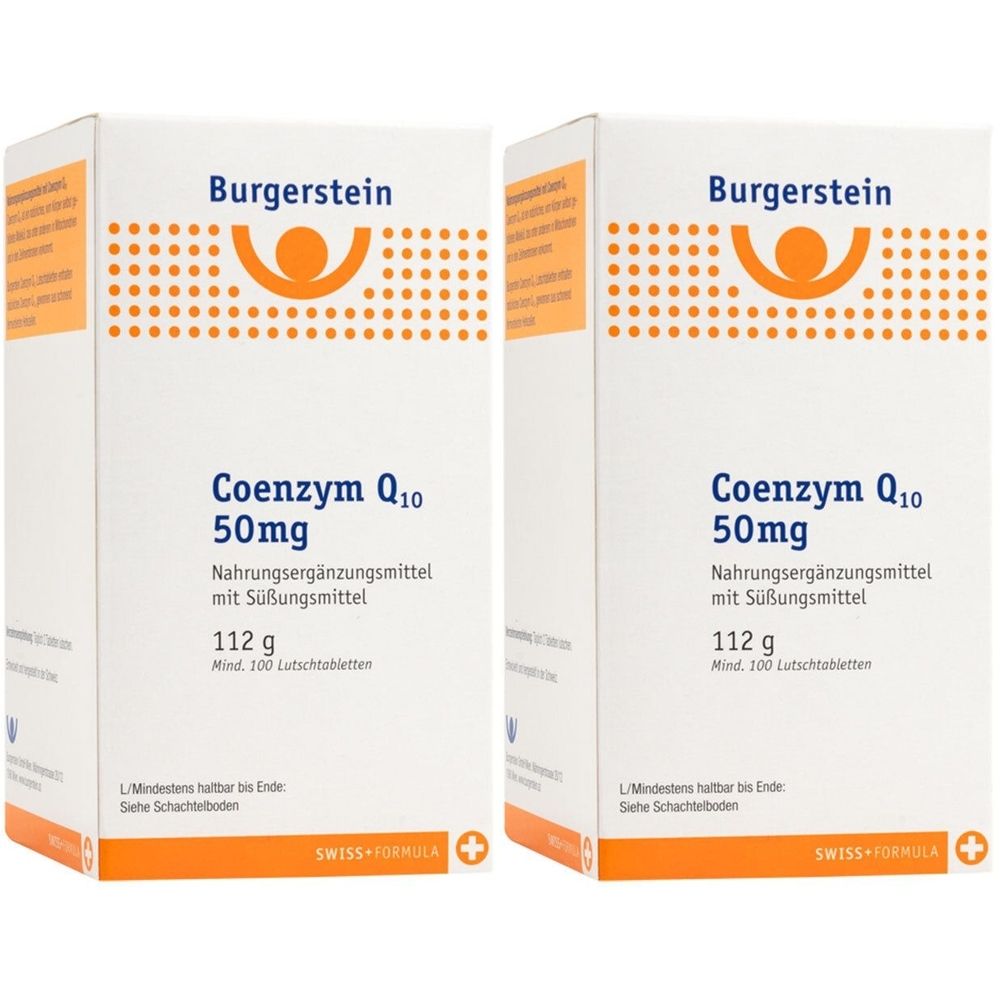 Zwei weiße Schachteln mit Burgerstein-Logo und Aufschrift Coenzym Q10 50mg. Enthält Nahrungsergänzungsmittel mit Süßungsmittel. 112g, Mind. 100 Lutschtabletten.