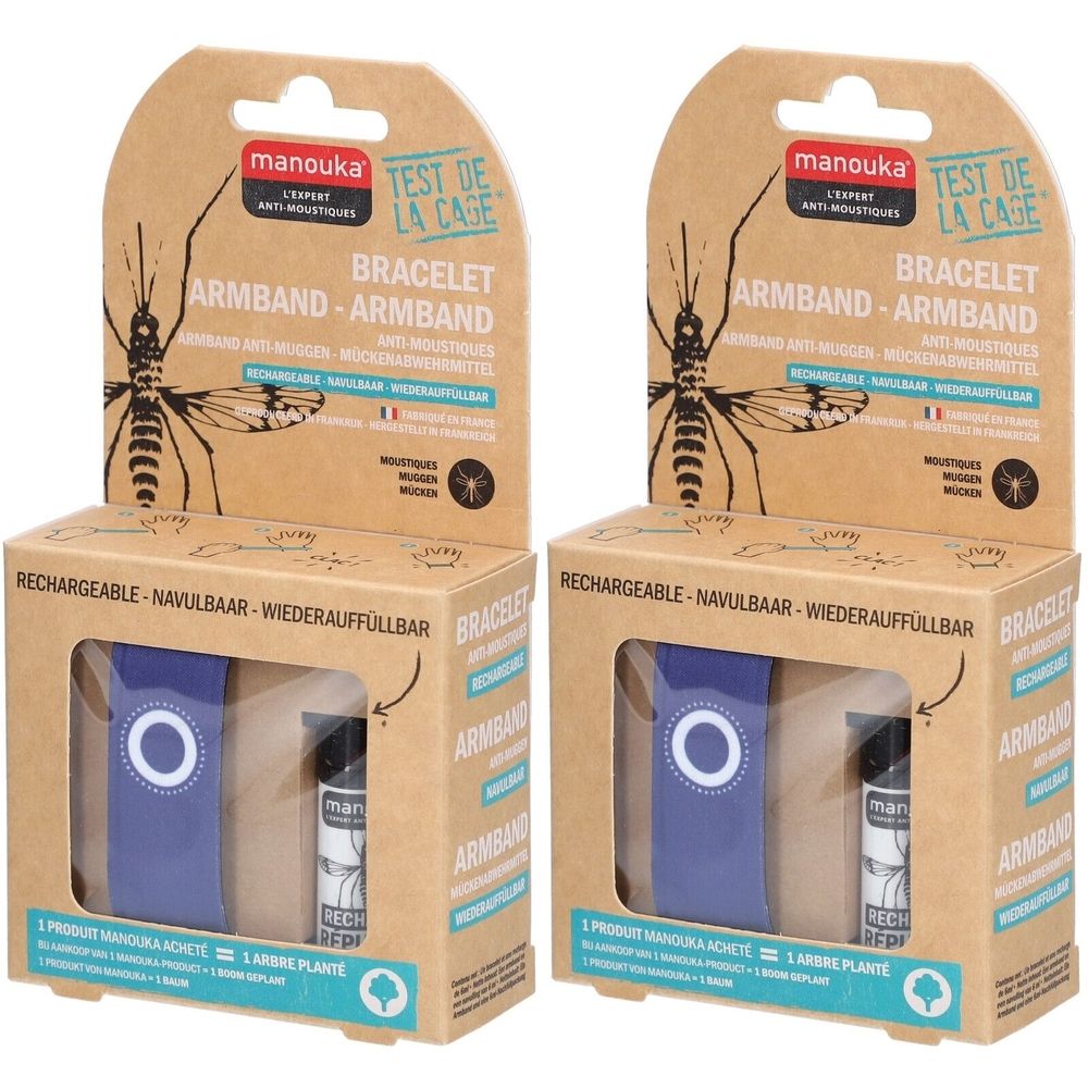 Zwei Packungen Armbänder. Jede Packung enthält ein blaues Armband und eine kleine Flasche. Auf der Verpackung steht "manouka".
