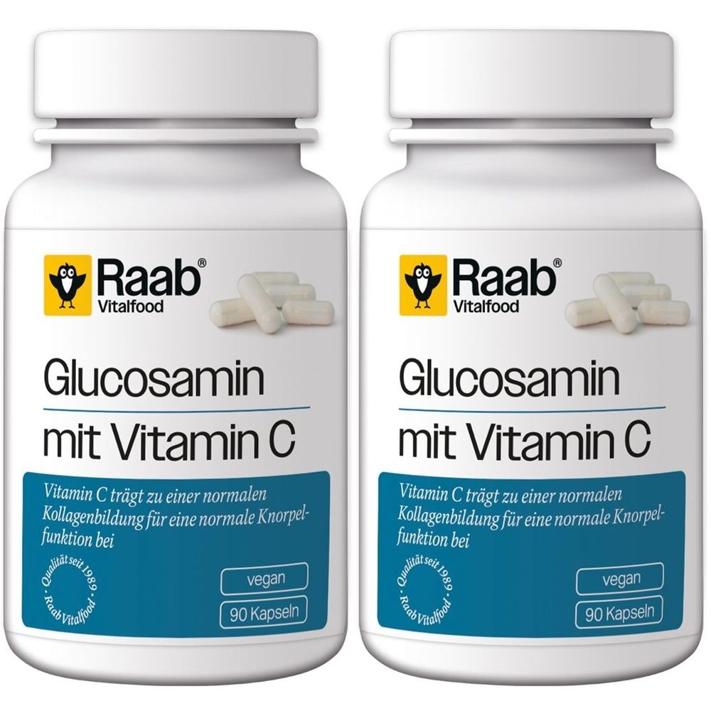 Zwei weiße Flaschen mit Etiketten. Aufschrift: Glucosamin mit Vitamin C. Marke: Raab Vitalfood. Enthält 90 Kapseln. Vegan.
