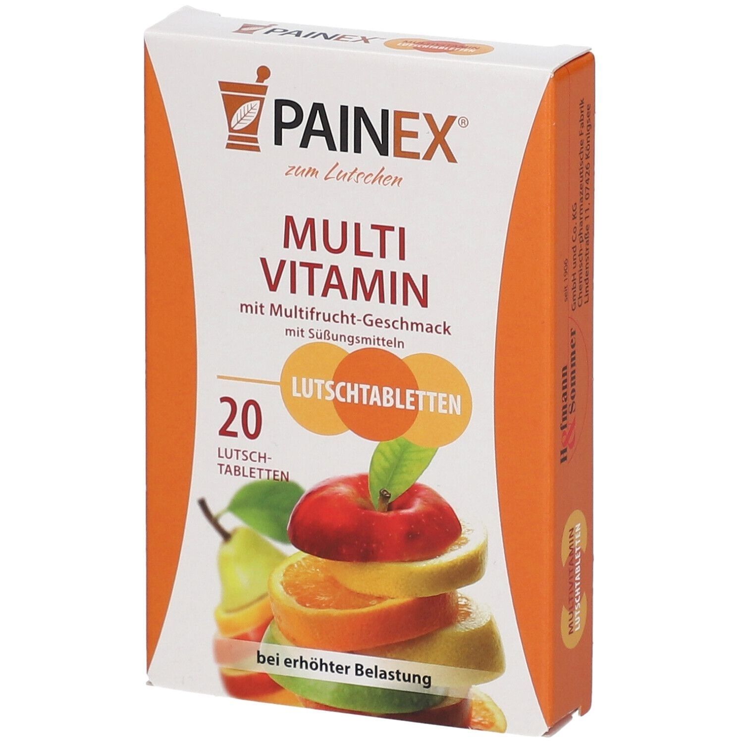 Verpackung von PAINEX® Multivitamin Lutschtabletten. Weiß-orangefarbener Karton mit Produktnamen, Fruchtbild und Text. Enthält 20 Lutschtabletten.
