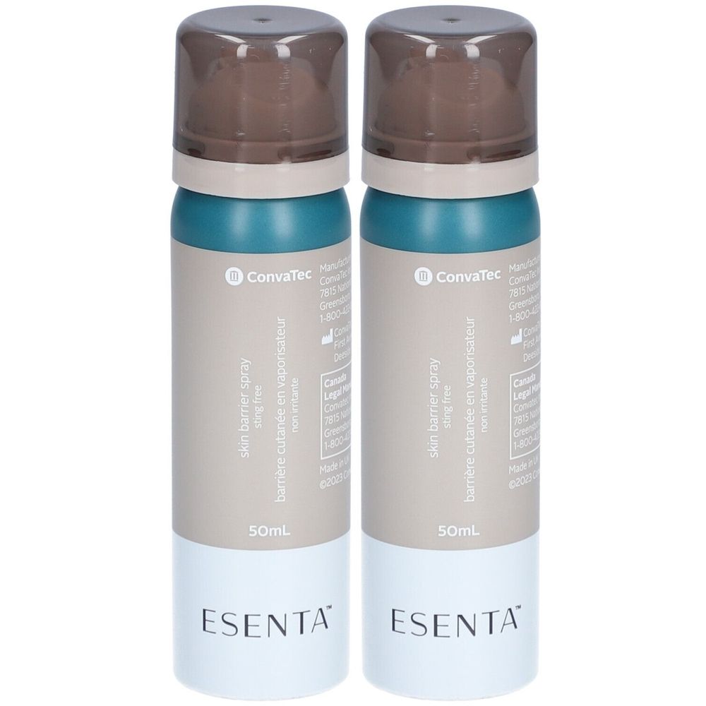 Zwei Sprühflaschen ESENTA. Blaue und beige Flaschen mit braunen Kappen. Aufschrift: Skin barrier spray, 50ml, ConvaTec.
