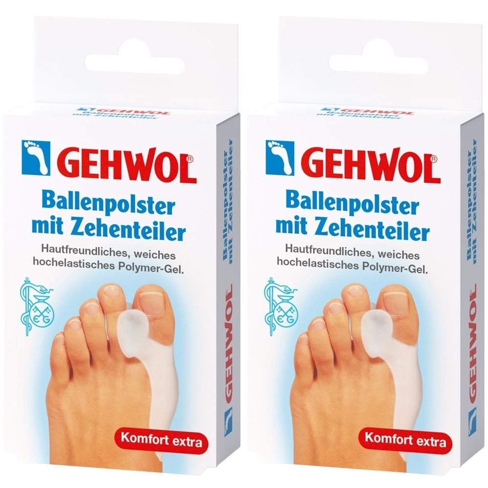 Zwei Packungen mit dem Produkt. Aufdruck: GEHWOL Ballenpolster mit Zehenteiler. Komfort extra. Zeigt einen Fuß mit Zehenspreizer.
