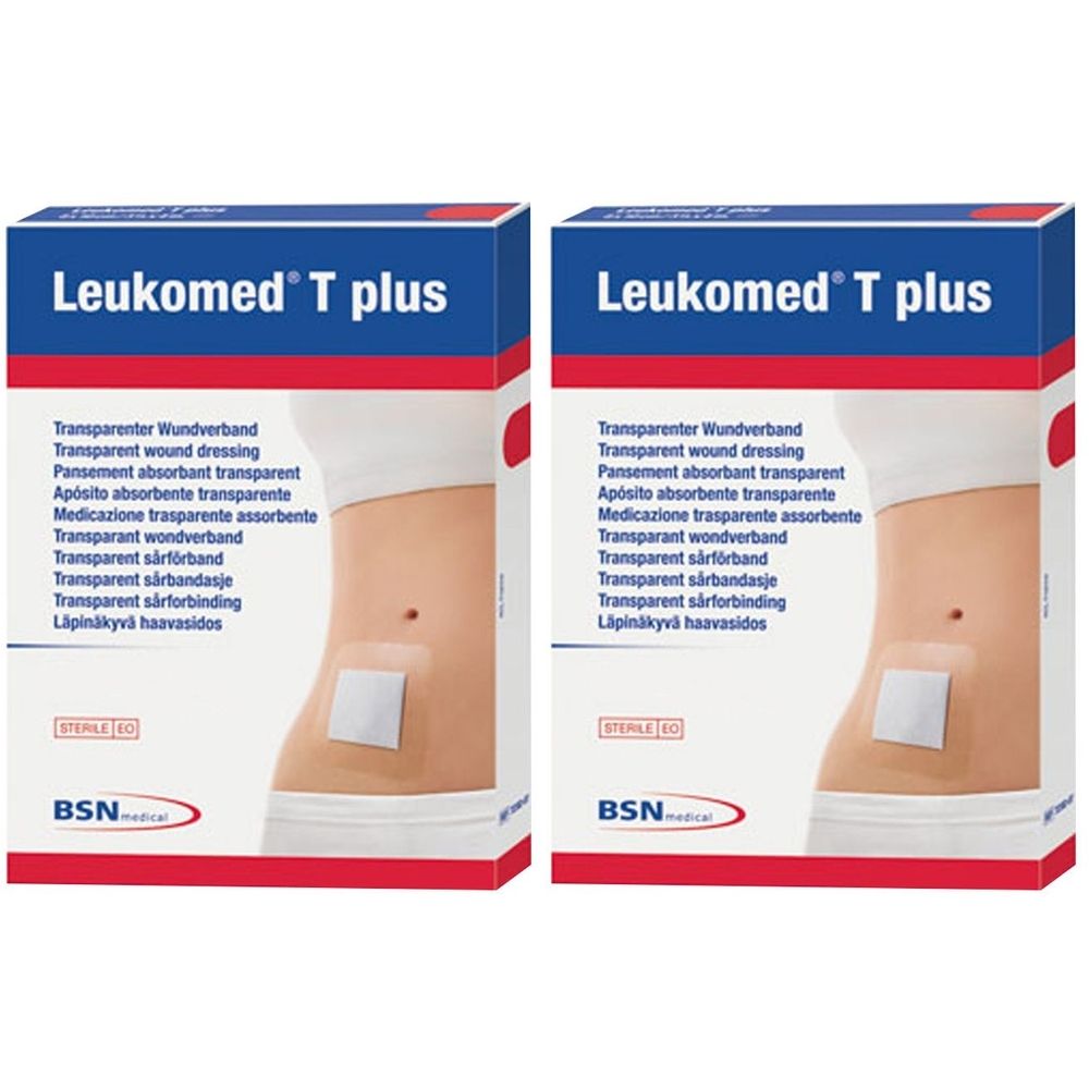 Zwei Packungen Leukomed T plus. Aufdruck: Transparenter Wundverband. BSN medical Logo. Gezeigt ist ein Verband auf einem Bauch.