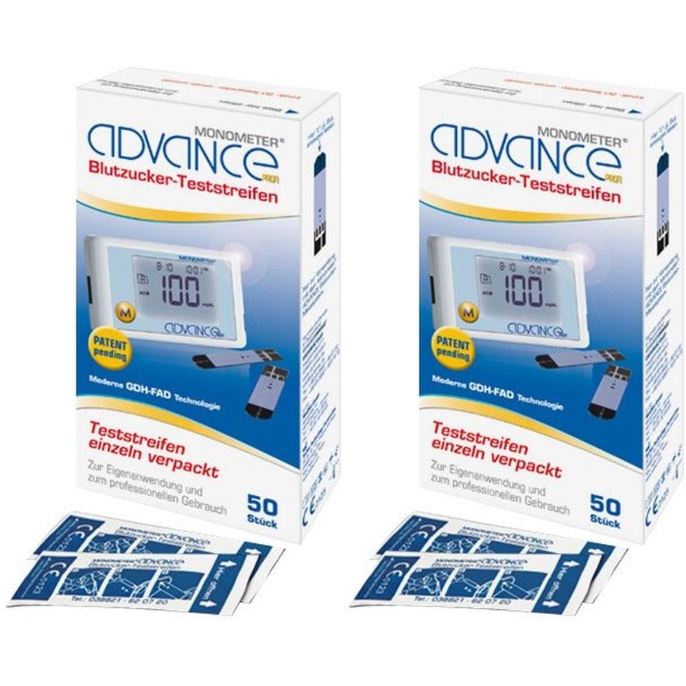 Zwei Packungen Advance Monometer Blutzucker-Teststreifen. Jede Packung enthält 50 Stück. Einzeln verpackte Teststreifen.