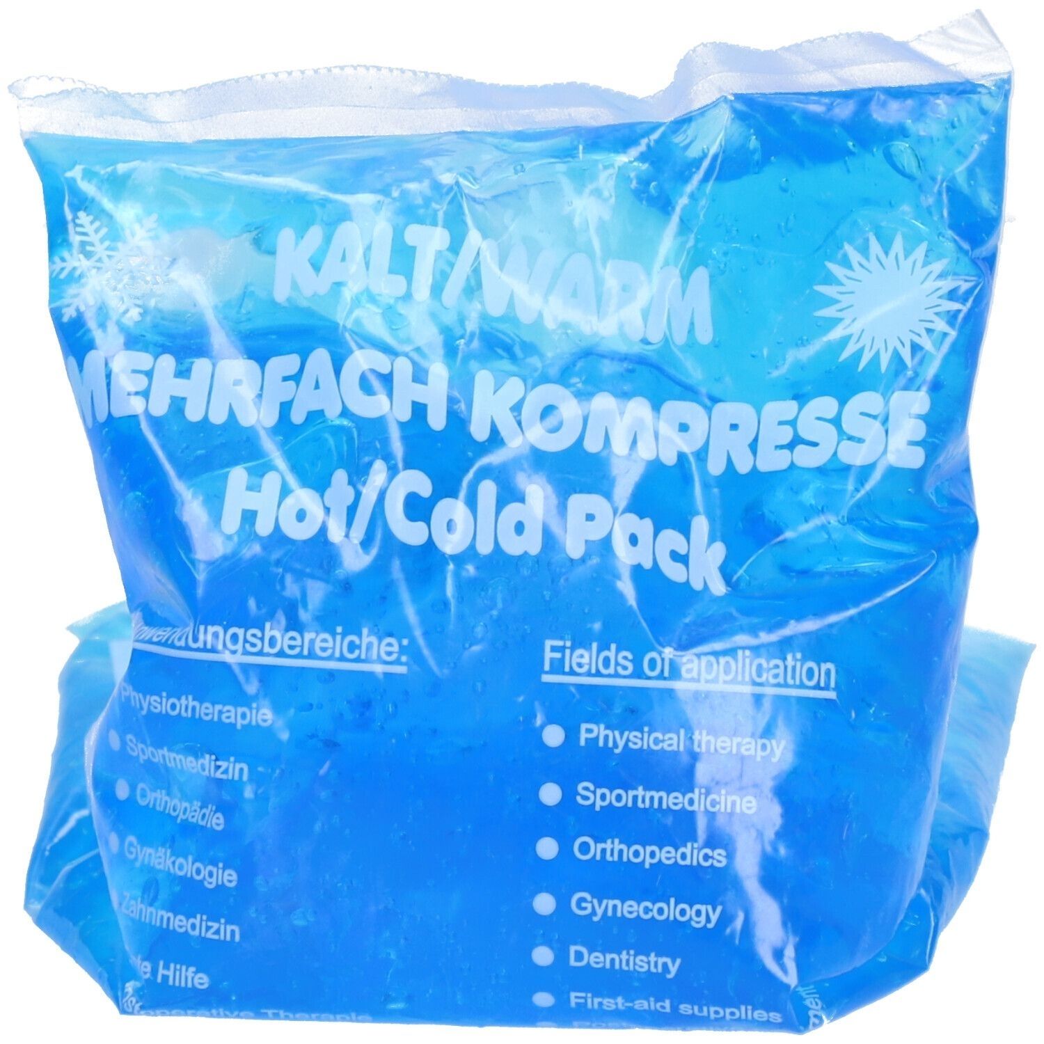 Blau transparente Mehrfachkompresse. Aufschrift: Kalt/Warm Mehrfach Kompresse, Hot/Cold Pack. Anwendungsbereiche sind aufgelistet.