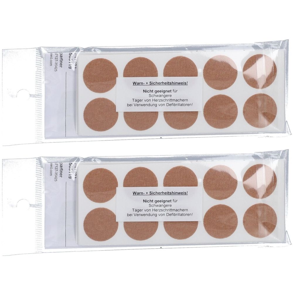 Zwei Packungen mit je 12 runden, braunen Pflastern. Aufschrift: Warnhinweis. Nicht geeignet für Schwangere, Träger von Herzschrittmachern.