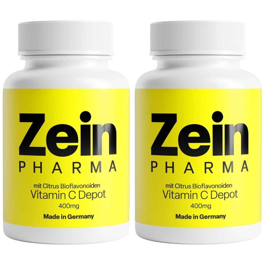 Zwei weiße Flaschen mit gelben Etiketten. Aufschrift: Zein Pharma, Vitamin C Depot, 400mg. Hergestellt in Deutschland.