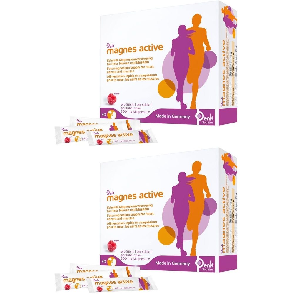 Verpackung von magnes active. Enthält 30 Beutel. Aufdruck: Schnelle Magnesiumversorgung, 100 mg Magnesium. Mit Läufer-Silhouette.