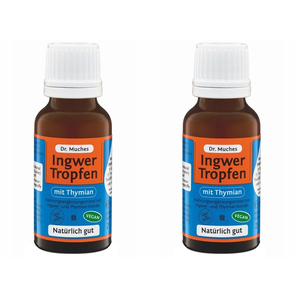 Zwei braune Flaschen mit weißen Deckeln. Auf den Etiketten steht "Dr. Muches Ingwer Tropfen mit Thymian". Vegan-Siegel.