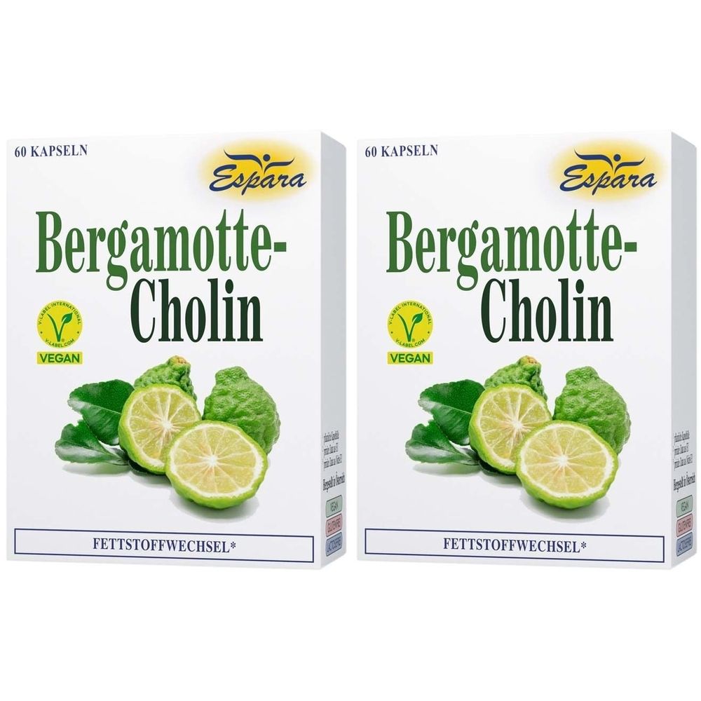 Zwei weiße Kartons mit Produktnamen und Logo. Abbildung von Bergamotte-Früchten und Blättern. Aufschrift: 60 Kapseln, Vegan.