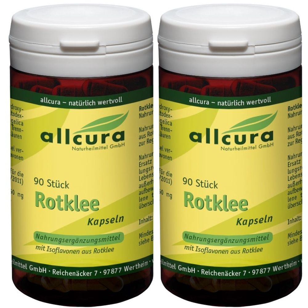 Zwei Flaschen allcura Rotklee Kapseln. Jede Flasche enthält 90 Stück. Aufschrift: Nahrungsergänzungsmittel mit Isoflavonen aus Rotklee.