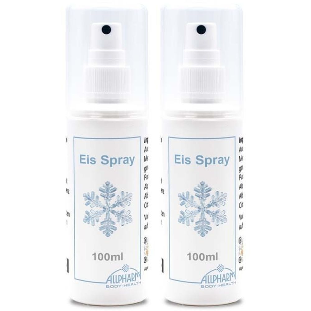 Zwei weiße Sprühflaschen mit "Eis Spray"-Aufdruck und Schneeflocken-Symbol. Aufschrift "100ml" und Logo "Allpharm Body Health".
