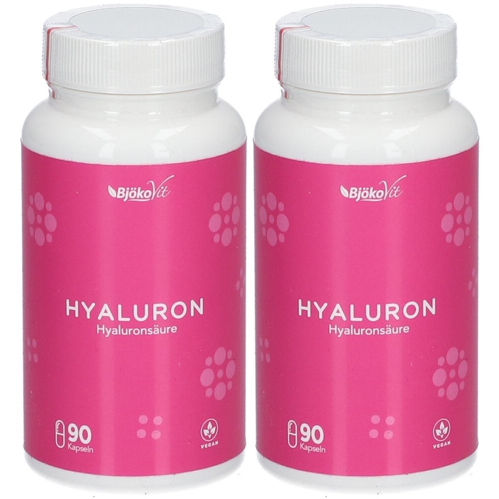 Zwei weiße Flaschen mit rosa Etiketten. Aufschrift: HYALURON, BjökoVit. 90 Kapseln. Vegan.