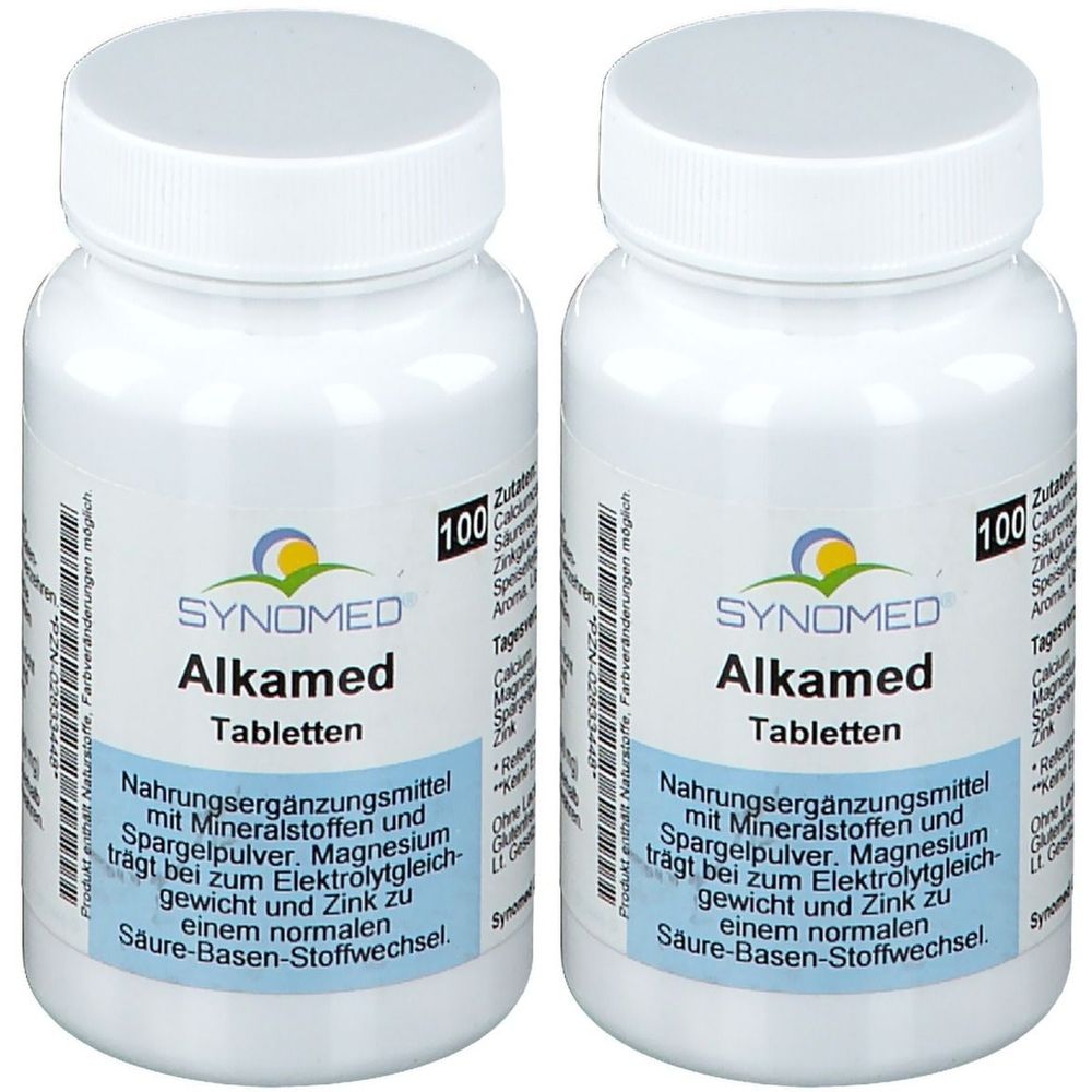 Zwei weiße Tablettenflaschen mit Schraubverschluss. Aufschrift: SYNOMED Alkamed Tabletten. Enthält Mineralstoffe, Spargelpulver, Magnesium und Zink. 100 Tabletten.