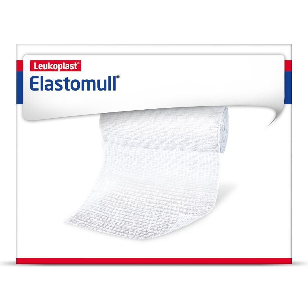 Elastische Fixierbinde, weiß, gerollt. Verpackung mit rotem und blauem Akzent. Marke: Leukoplast, Produktname: Elastomull.