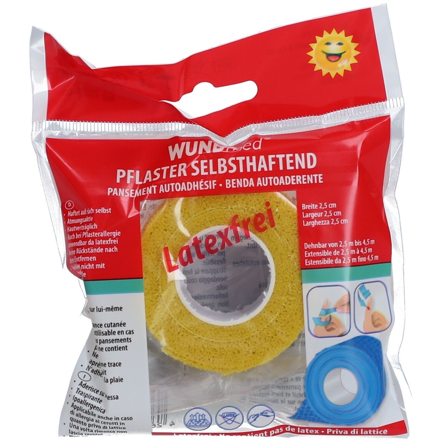Gelbes, selbsthaftendes Pflaster in Folienverpackung. Aufschrift: Latexfrei. Maße: 2,5 cm breit, 2,5 m lang. Mit Sonnen-Logo.