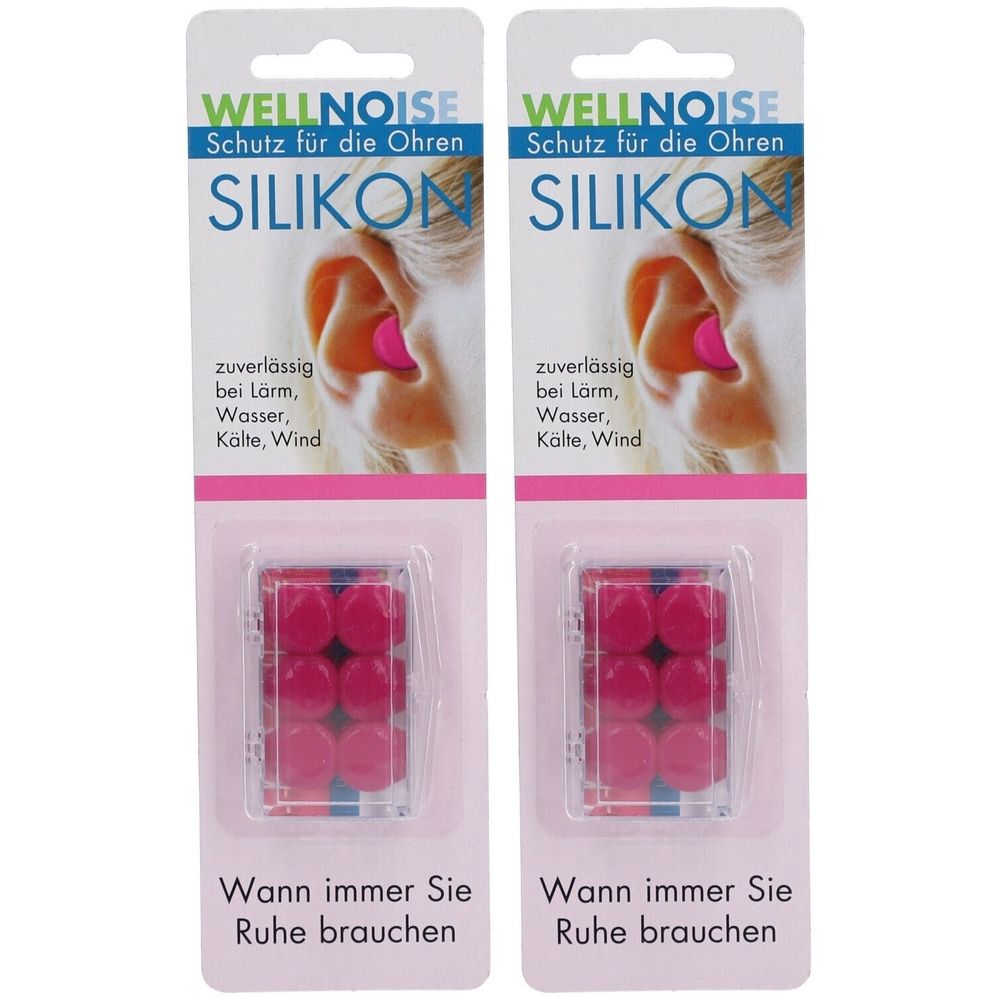 Zwei Blisterpackungen mit Ohrenstöpseln. Aufschrift: WELLNOISE, SILIKON. Rosa Ohrenstöpsel in transparenten Behältern. Text: Schutz für die Ohren.