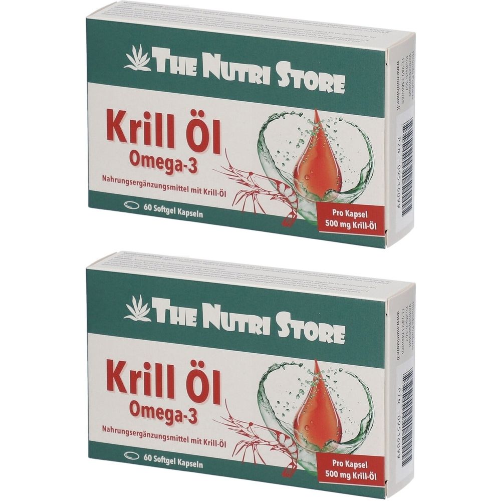 Zwei Schachteln mit Krill Öl. Aufschrift: The Nutri Store, Krill Öl Omega-3, 60 Softgel Kapseln. Abbildung eines roten Tropfens.