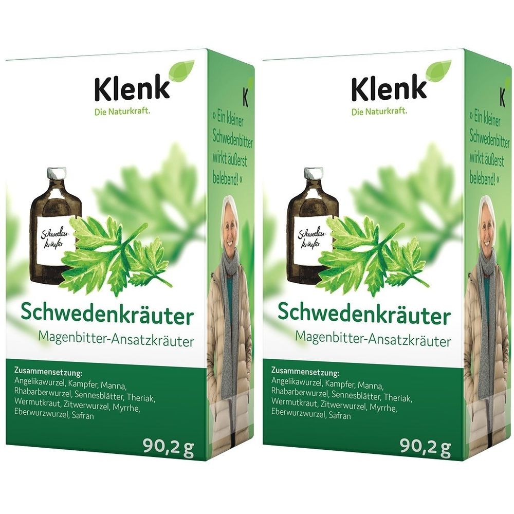 Zwei Schachteln Schwedenkräuter. Aufdruck: Klenk, Schwedenkräuter, 90,2g. Abbildung einer Flasche und Kräutern.