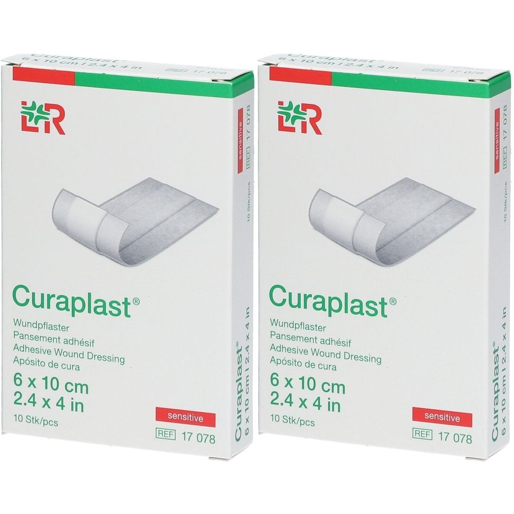 Zwei Kartons Curaplast Wundpflaster. Aufschrift: 6 x 10 cm, 10 Stück. Logo: ER. Bezeichnung: sensitive.