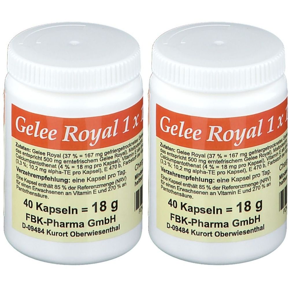 Zwei weiße Flaschen mit rotem Etikett. Aufschrift: Gelee Royal 1x1, 40 Kapseln, 18 g. Hersteller: FBK-Pharma GmbH.