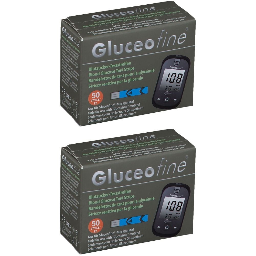 Zwei Schachteln mit Gluceofine Blutzucker-Teststreifen. Auf jeder Schachtel ist ein Messgerät mit dem Wert 108 abgebildet.