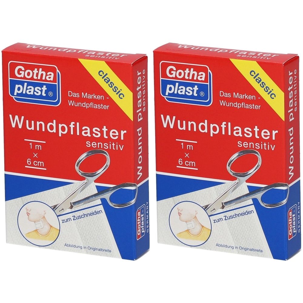 Zwei Packungen Wundpflaster sensitiv. Rote Schachteln mit weißer Schrift. Marke: Gothaplast. Größe: 1 m x 6 cm. Aufdruck: classic.