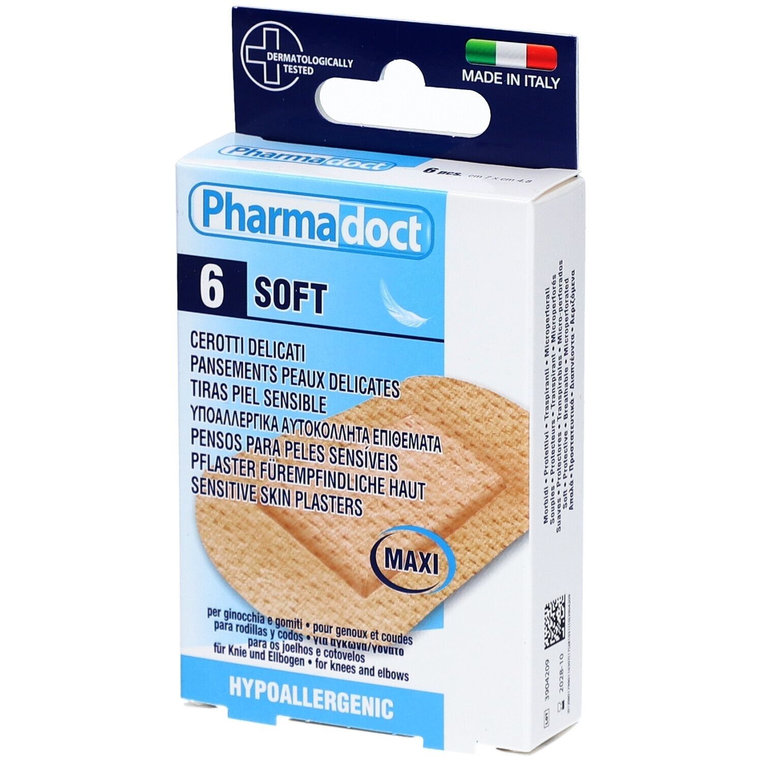 Verpackung mit Pflastern für empfindliche Haut. Marke: Pharmadoct. 6 Stück, "SOFT". "MAXI"-Größe. Hypoallergen. "Made in Italy".