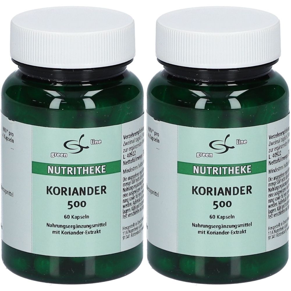 Zwei grüne Flaschen mit weißen Deckeln. Aufschrift: Green Line, NUTRITHEKE Koriander 500, 60 Kapseln. Nahrungsergänzungsmittel mit Koriander-Extrakt.