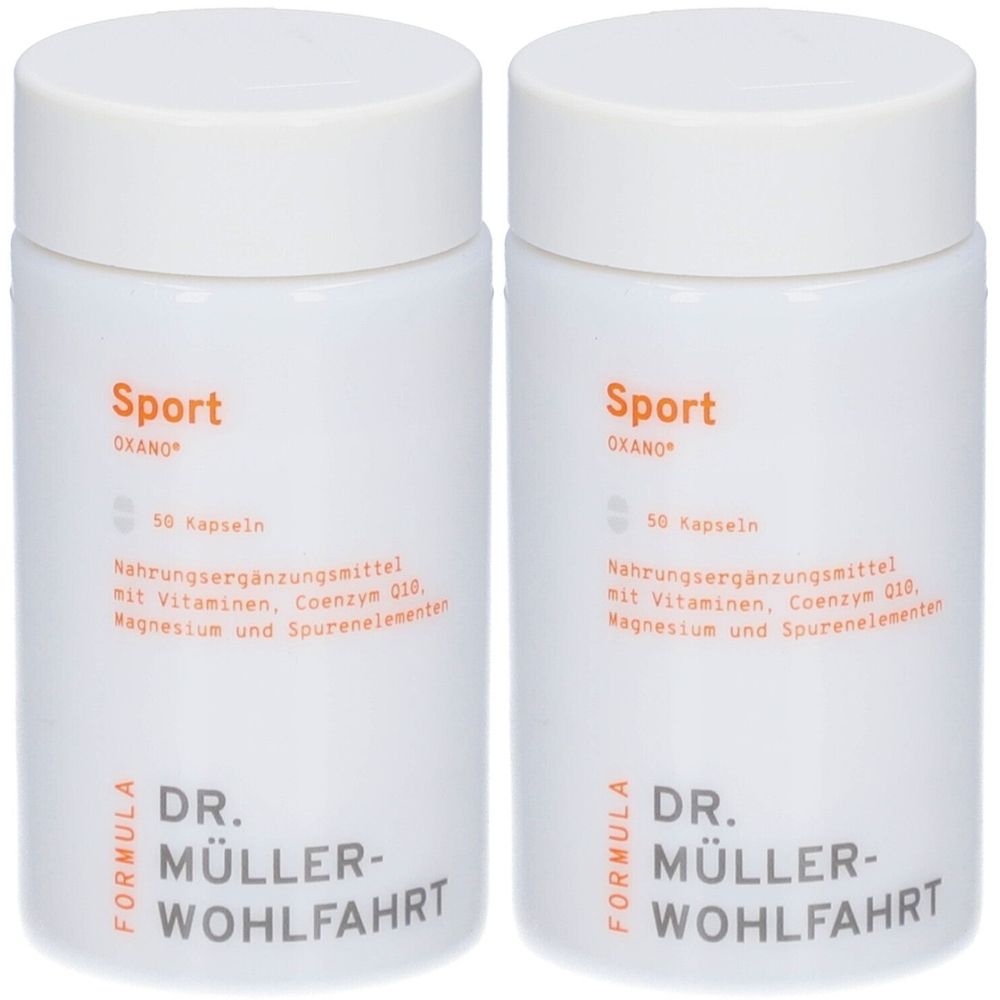 Zwei weiße Flaschen mit orangefarbener Aufschrift. Aufschrift: Sport, 50 Kapseln, DR. MÜLLER-WOHLFAHRT.