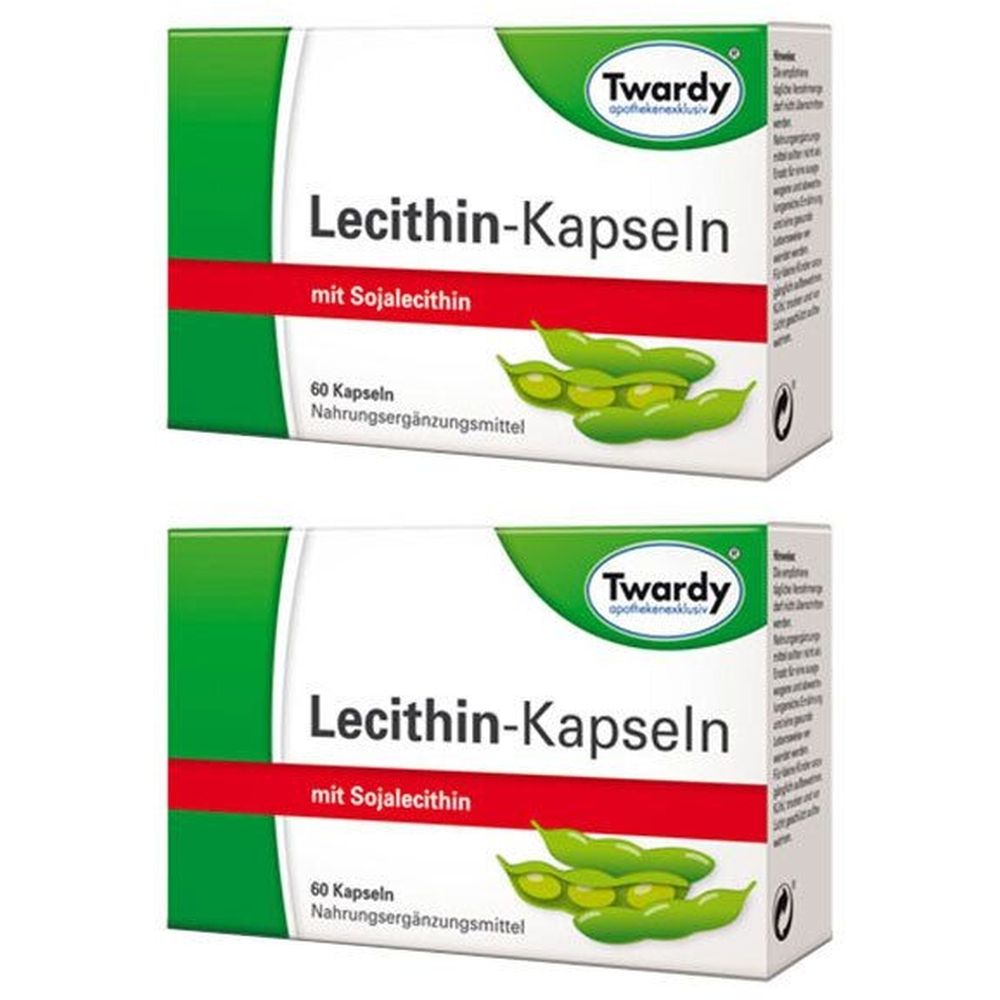 Zwei Schachteln mit „Lecithin-Kapseln“ und „Twardy“-Logo. Aufschrift „mit Sojalecithin“ und Abbildung von Sojabohnen. 60 Kapseln.