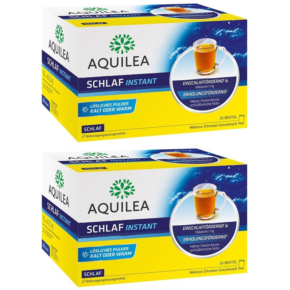 Zwei Schachteln AQUILEA Schlaf Instant. Gelb-weißes Design mit Produktnamen und Abbildung eines Getränks. Enthält 25 Beutel.