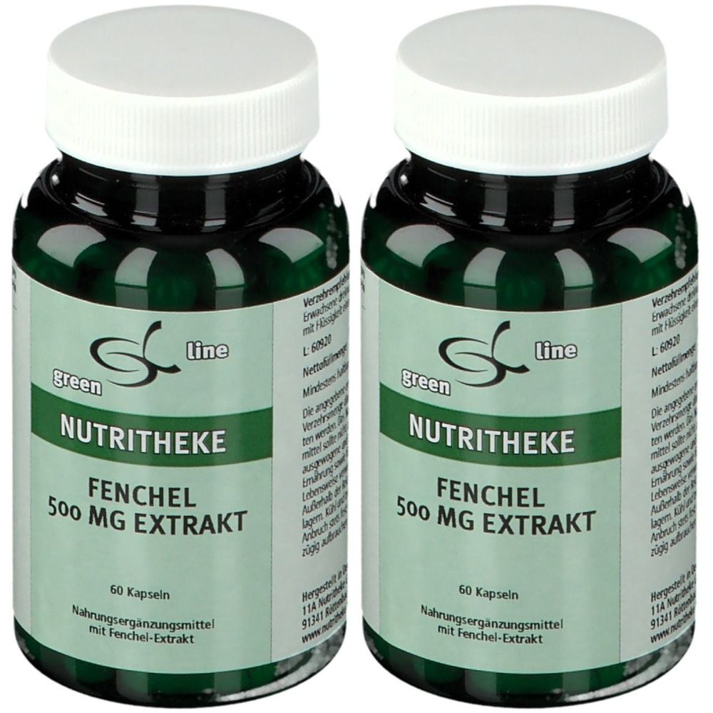Zwei grüne Flaschen mit weißen Deckeln. Auf den Etiketten steht: green line NUTRITHEKE FENCHEL 500 mg EXTRAKT. 60 Kapseln.