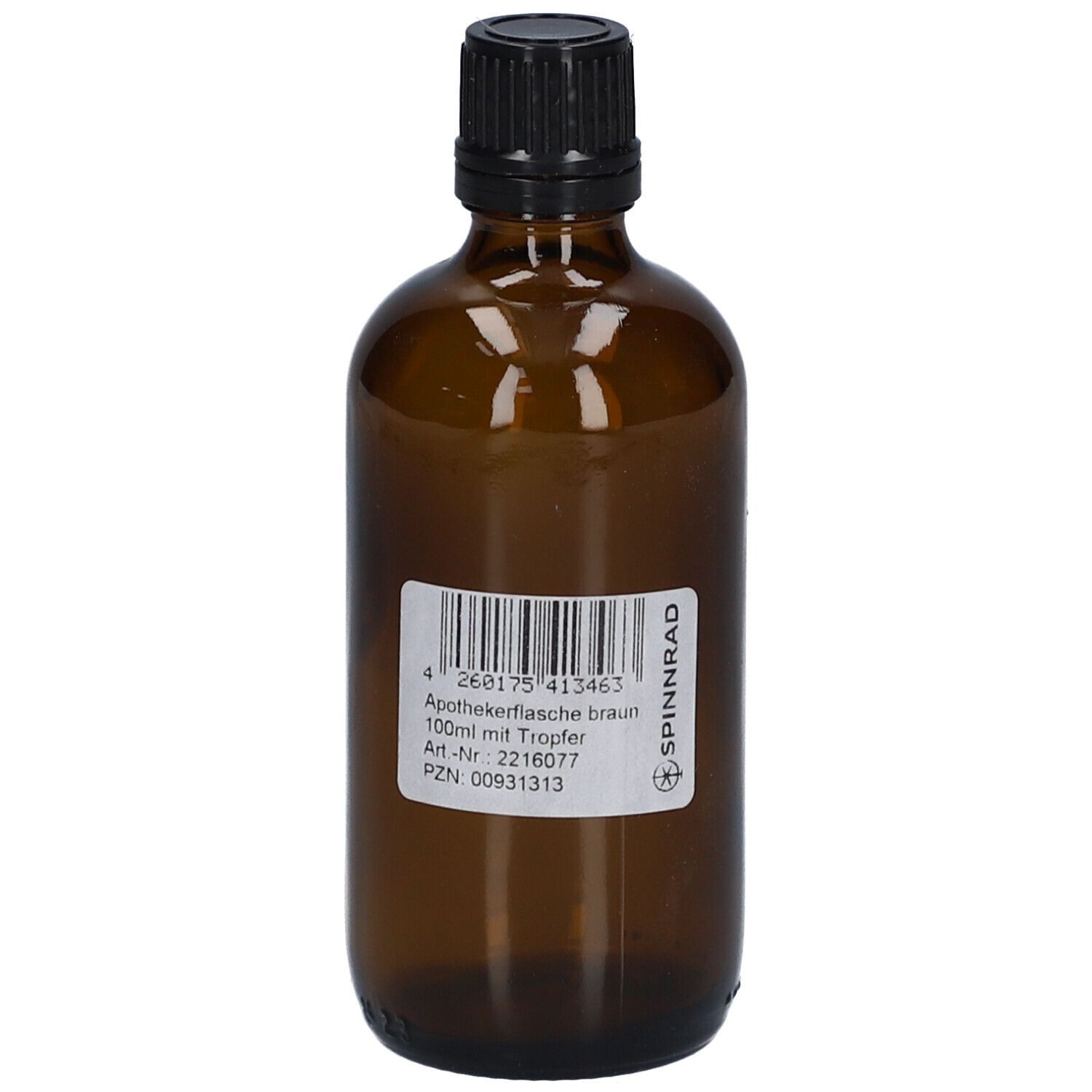 Braune Apothekerflasche mit schwarzem Verschluss und Etikett. Aufschrift: Apothekerflasche braun, 100ml mit Tropfer. Marke: SPINNRAD.
