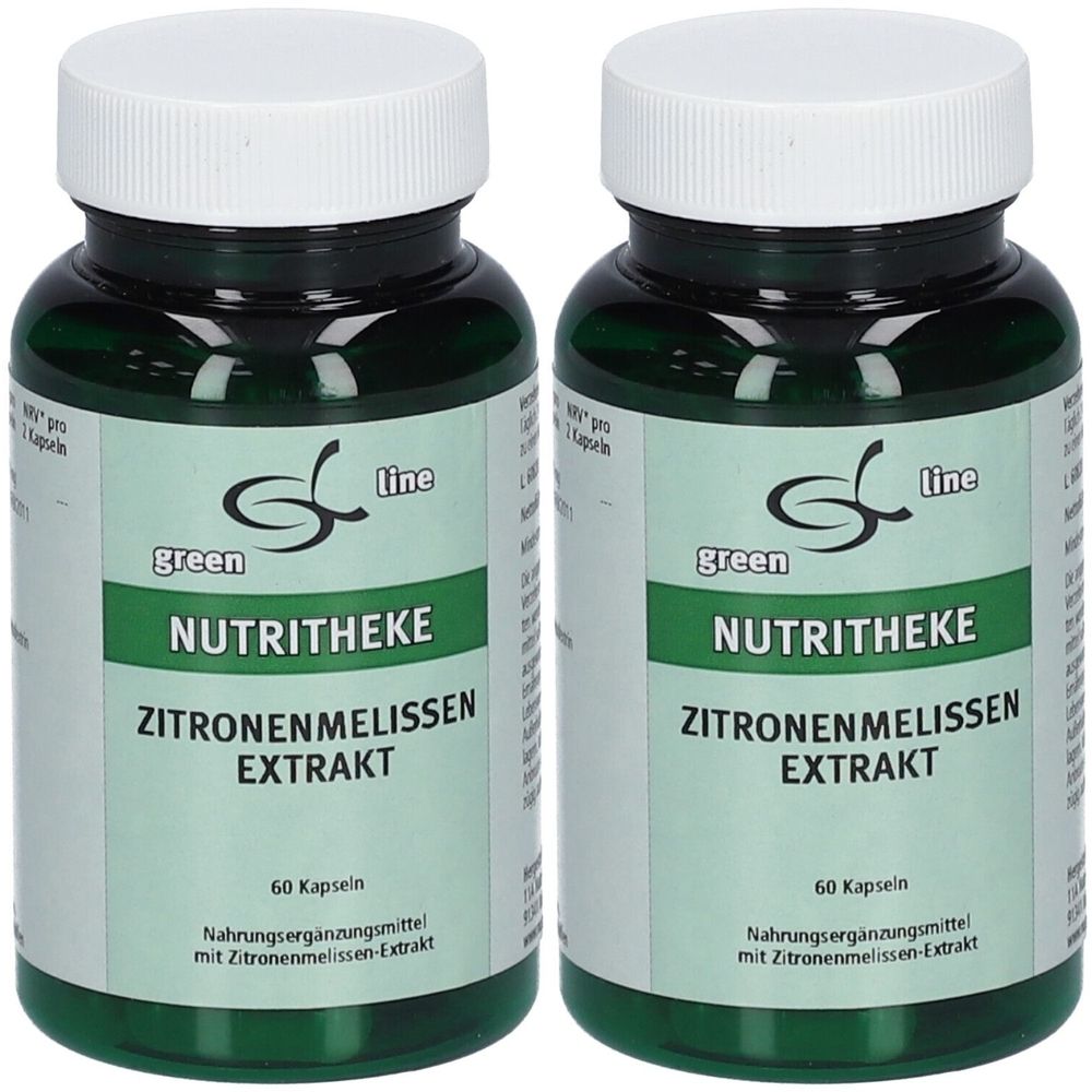 Zwei grüne Flaschen mit weißen Deckeln. Aufschrift: green line NUTRITHEKE ZITRONENMELISSEN EXTRAKT. 60 Kapseln. Nahrungsergänzungsmittel.