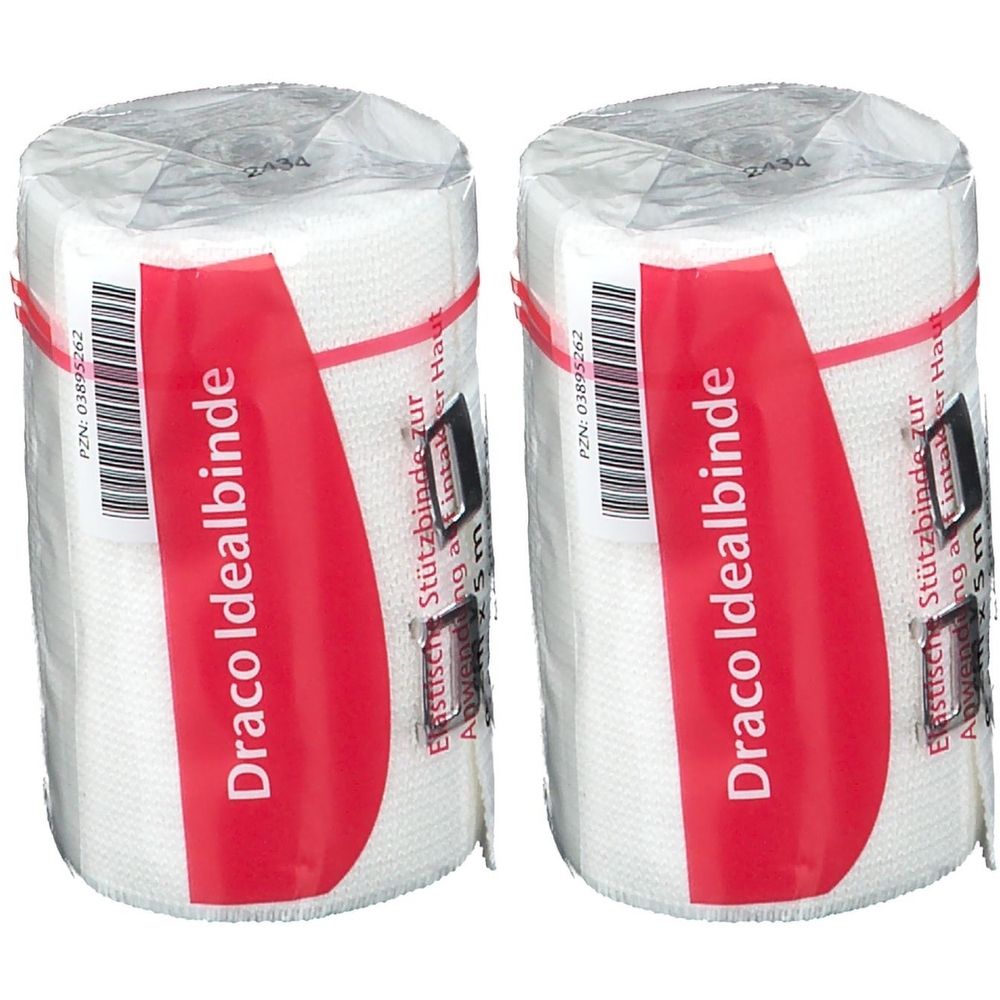 Zwei Rollen weißer Verband, verpackt in Folie. Roter Aufkleber mit "Draco Idealbinde". Elastische Stützbinde. PZN-Nummer sichtbar.