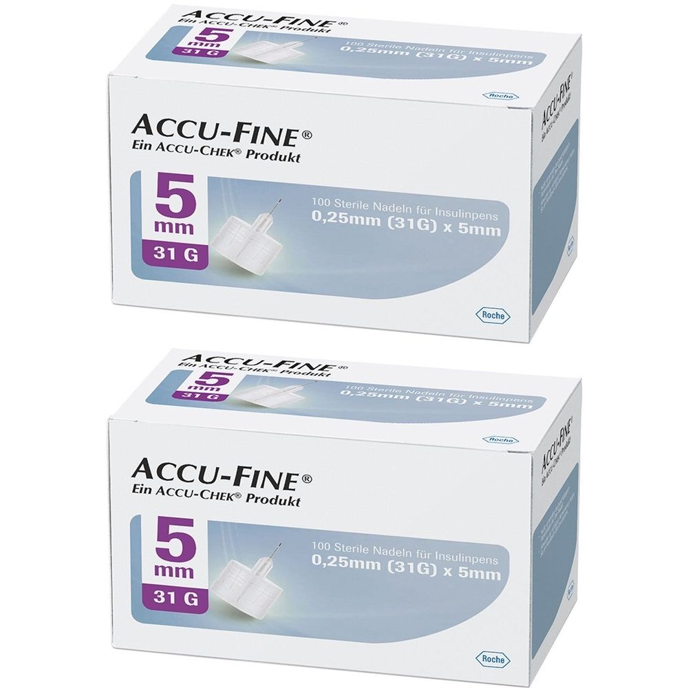 Zwei Kartons ACCU-FINE® Nadeln. Aufdruck: 5 mm, 31 G. Verpackung mit Produktinformationen und Logo.