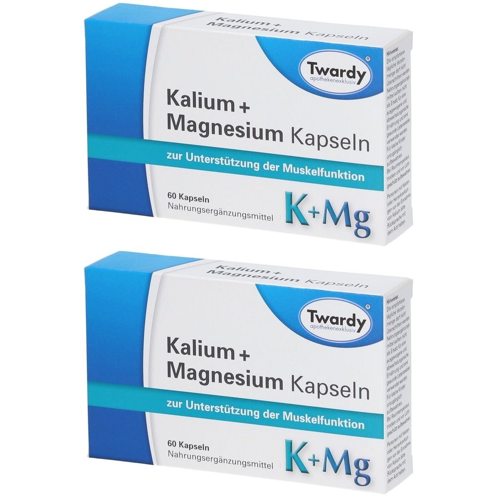 Zwei Schachteln mit Kapseln. Aufschrift: Kalium + Magnesium Kapseln, Twardy. Enthält 60 Kapseln. Nahrungsergänzungsmittel.
