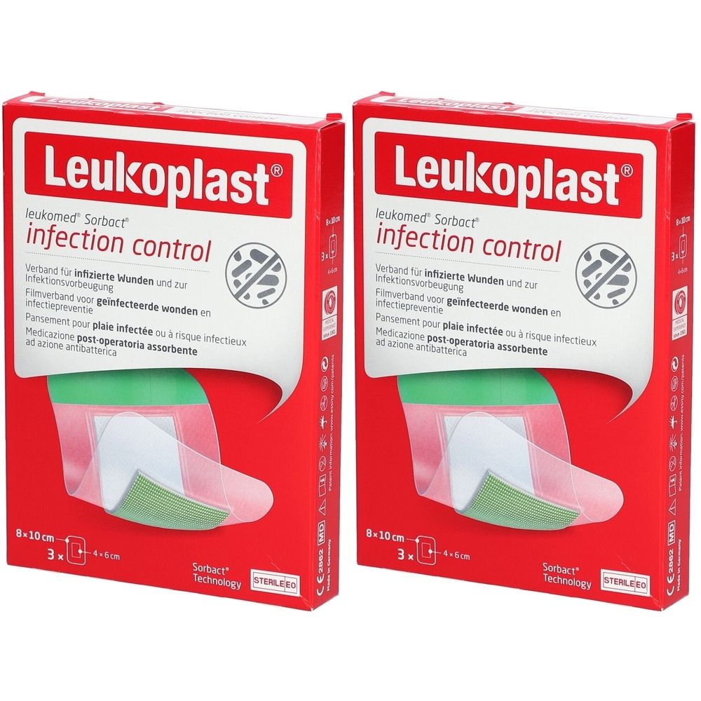 Zwei rote Verpackungen mit Leukoplast-Logo. Aufschrift: Leukomed Sorbact, infection control. Enthält 3 Verbände, 8x10 cm.